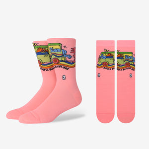 Pink crew socks bus of adorable cartoons positive message for them